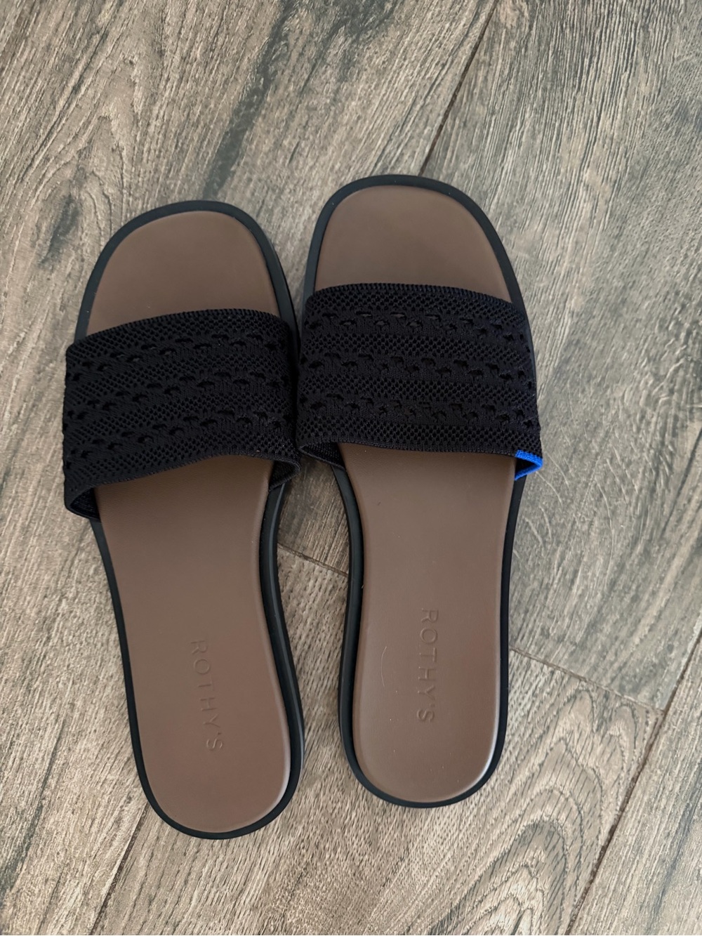 Rothy's Black Knit Slide Sandals with Brown Footbed